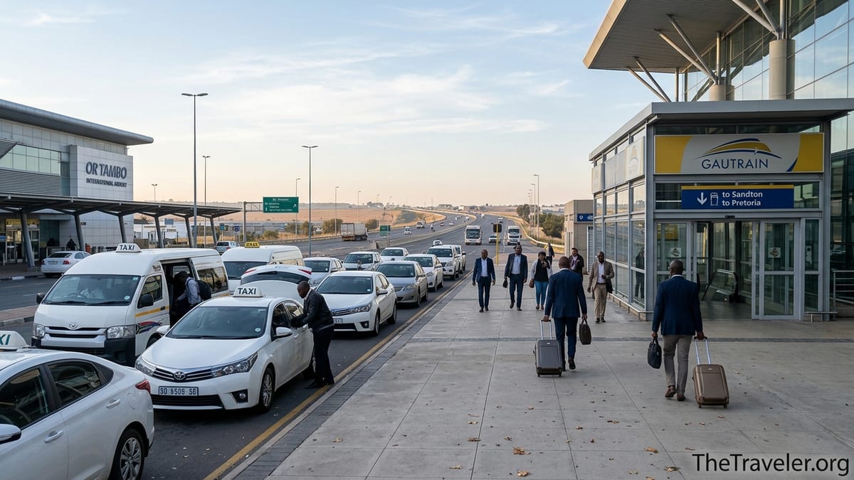 Travelers outside OR Tambo Airport choosing between Gautrain and taxi for trips to Pretoria.