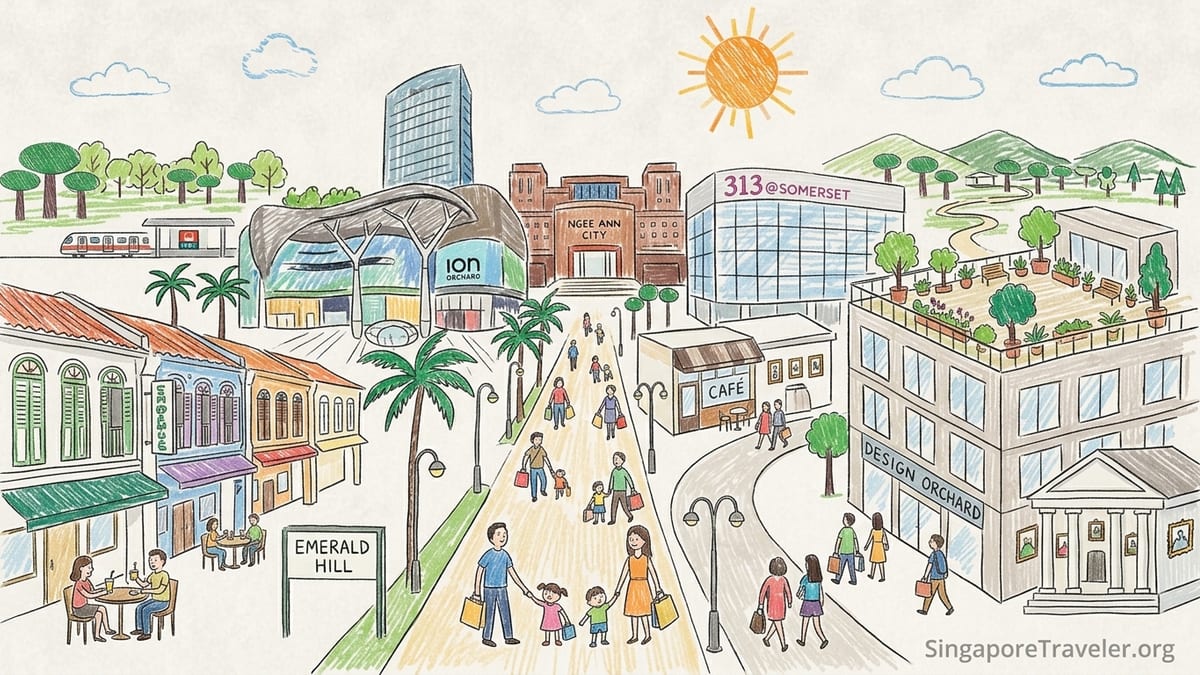 Evening street scene on Orchard Road with glowing malls, greenery and people walking.