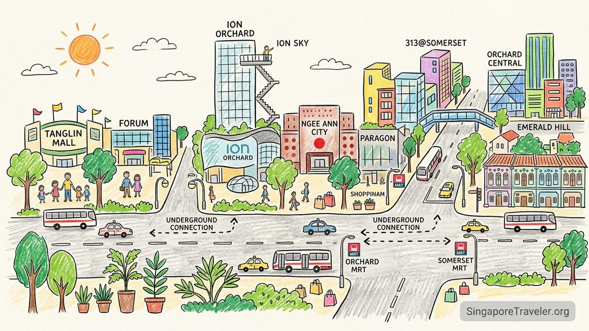 Street view of Orchard Road in Singapore with malls, traffic and pedestrians on a sunny afternoon.