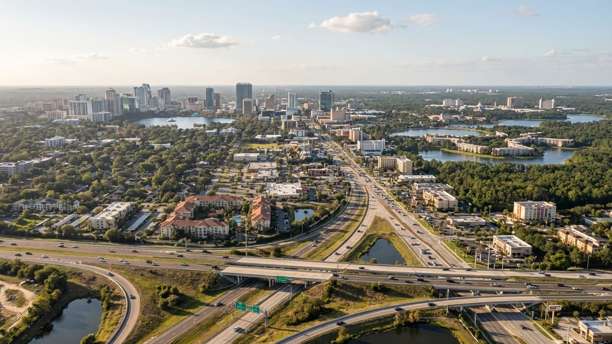 Aerial view of Orlando showcasing resorts, neighborhoods, and expressways. 