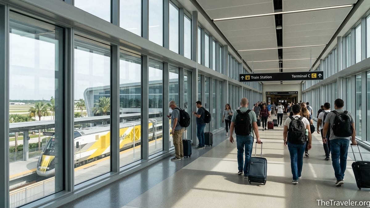 Travelers walk through Orlando Airport’s Terminal C toward the Brightline train station.