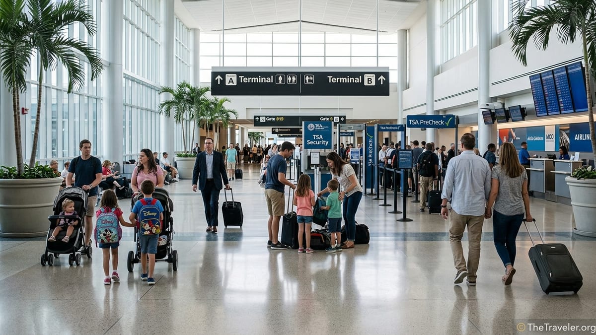 Families and travelers in the Orlando International Airport departures hall near security.