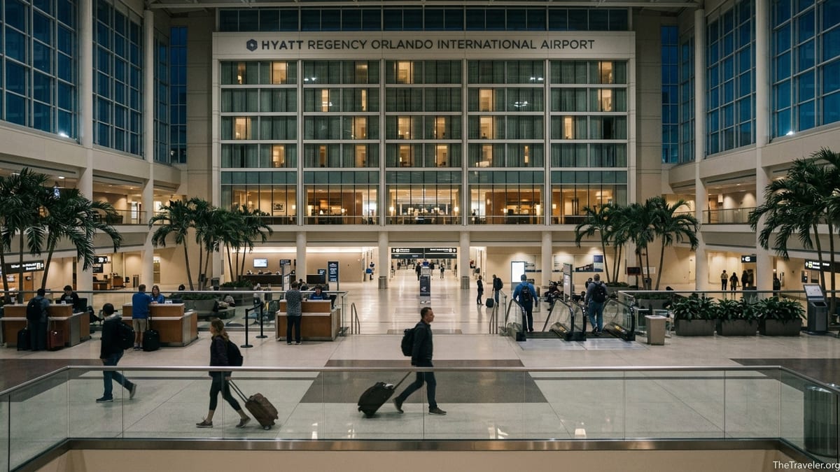 Night view of travelers walking through Orlando airport atrium with the Hyatt hotel above.