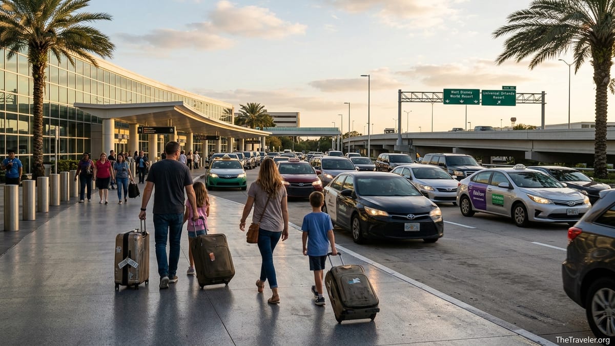 Family with luggage outside Orlando airport terminal choosing transport to theme parks