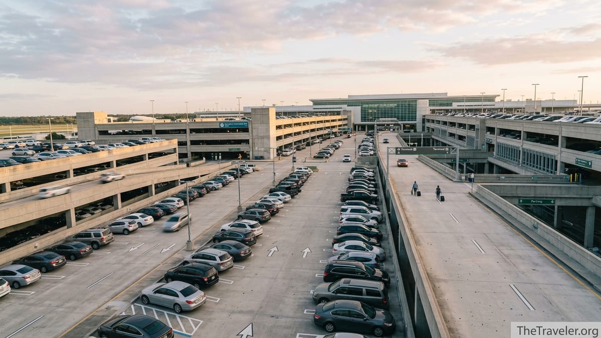 Morning view of Orlando airport parking garages with cars and travelers walking to the terminal.