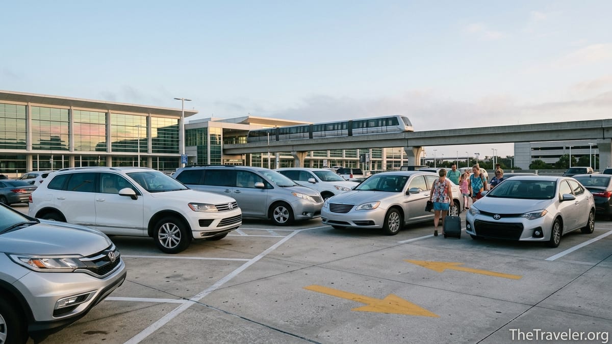 Travelers walking to rental cars outside Orlando International Airport at sunrise.