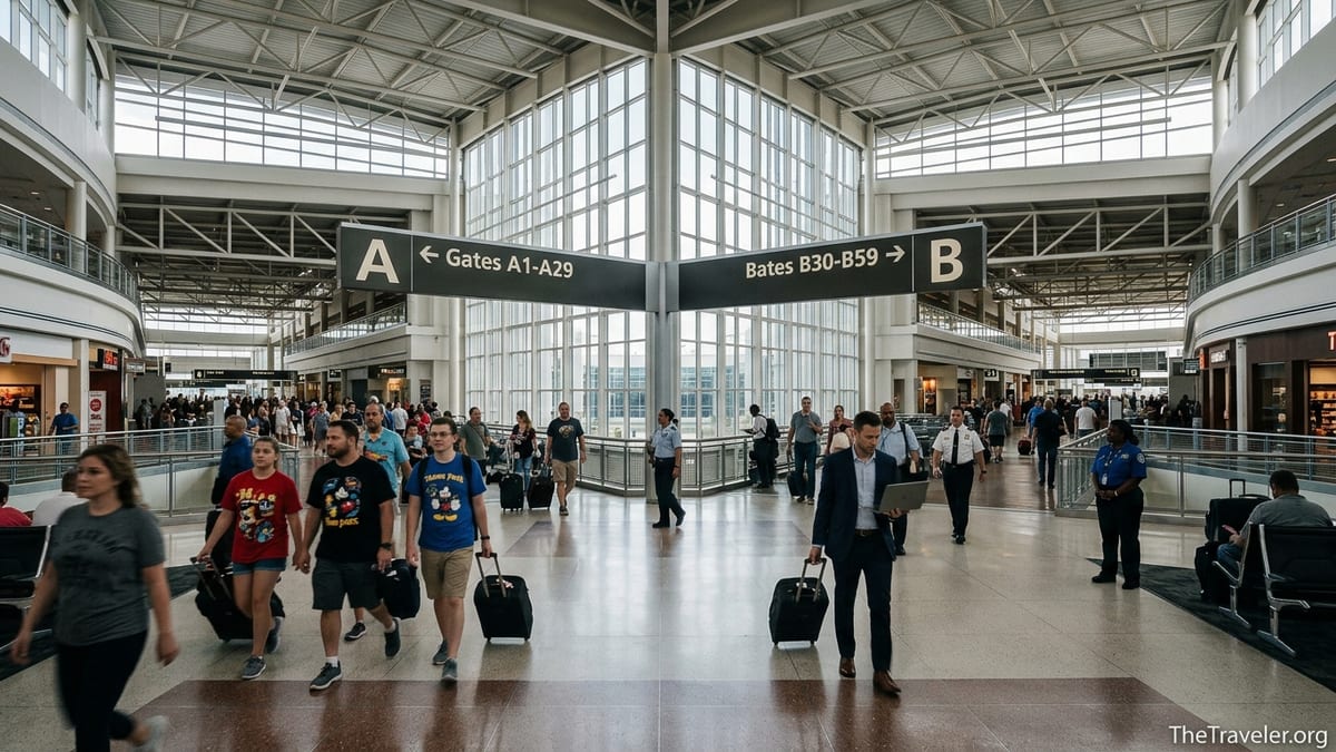 Travelers walking through Orlando International Airport near Terminal A and B signs.