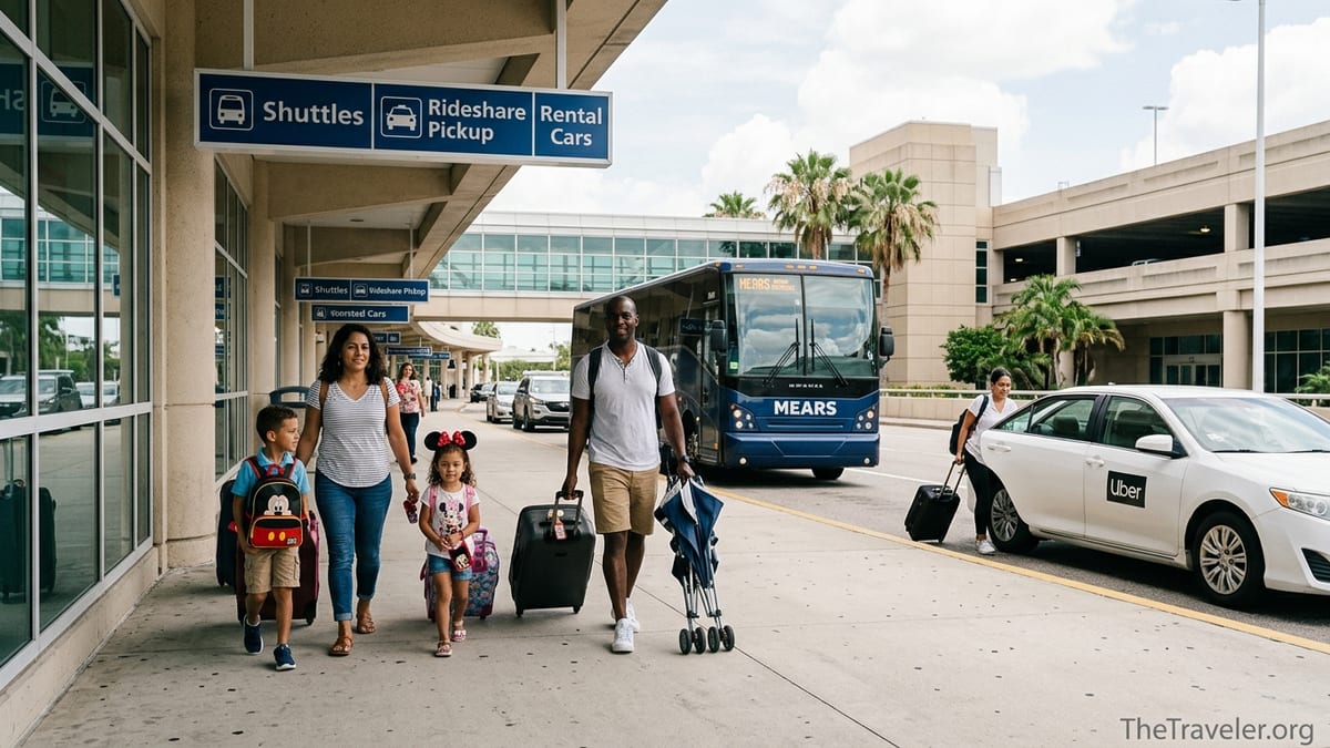 Family with luggage walking toward shuttles and rideshares outside Orlando International Airport.