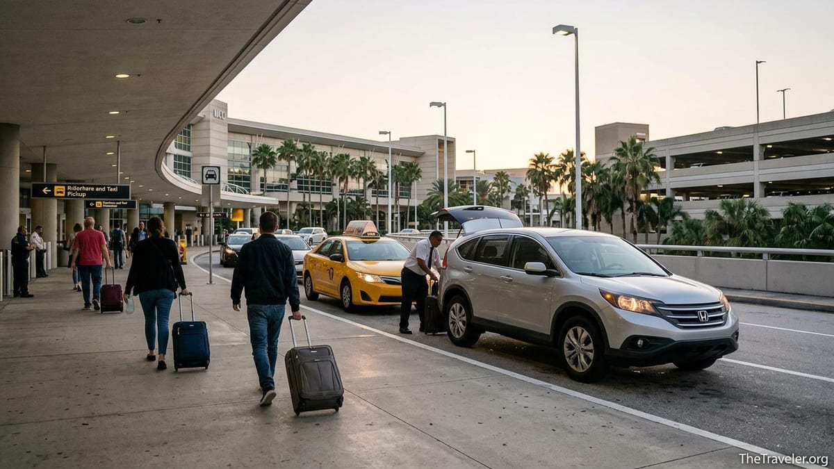 Travelers leaving Orlando Airport toward rideshare and taxi pickup area at dusk.