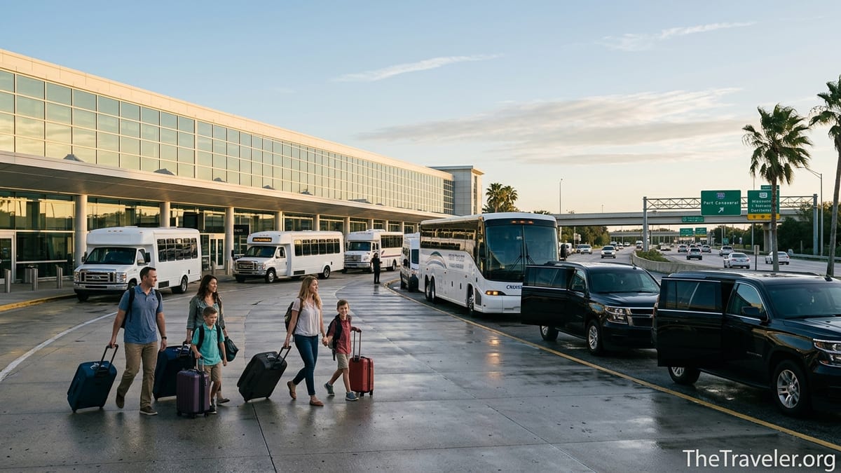 Travelers with suitcases boarding shuttles outside Orlando International Airport at sunrise.