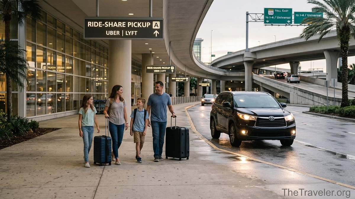 Family with luggage meeting a ride-share SUV at Orlando International Airport at dusk.