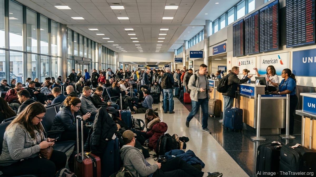 Crowded Orlando airport terminal with stranded passengers and canceled flights on departure boards.