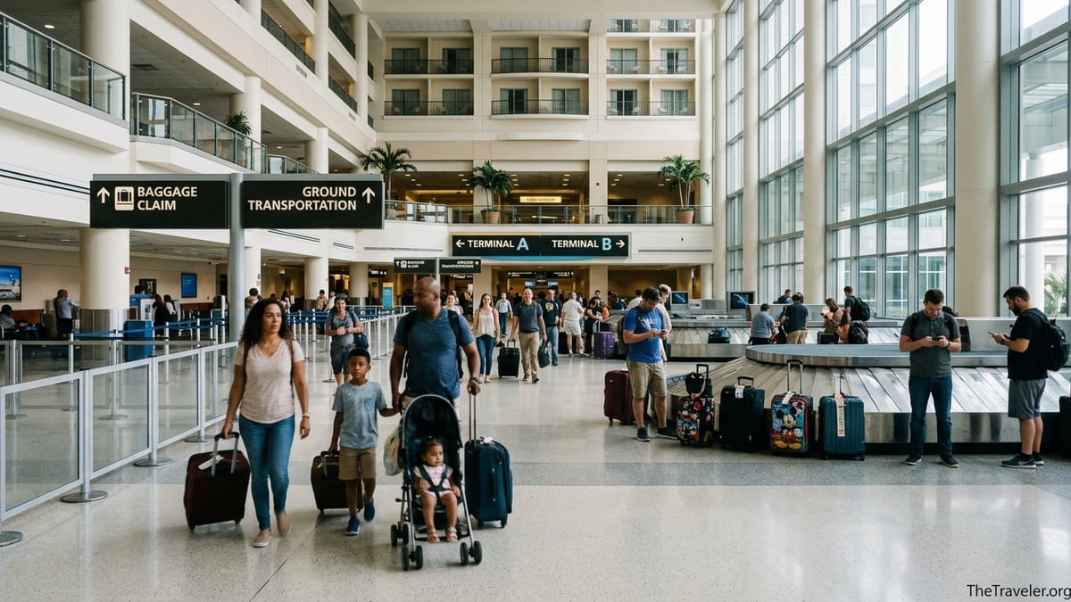 Travelers with luggage follow signs to baggage claim inside Orlando International Airport arrivals hall.