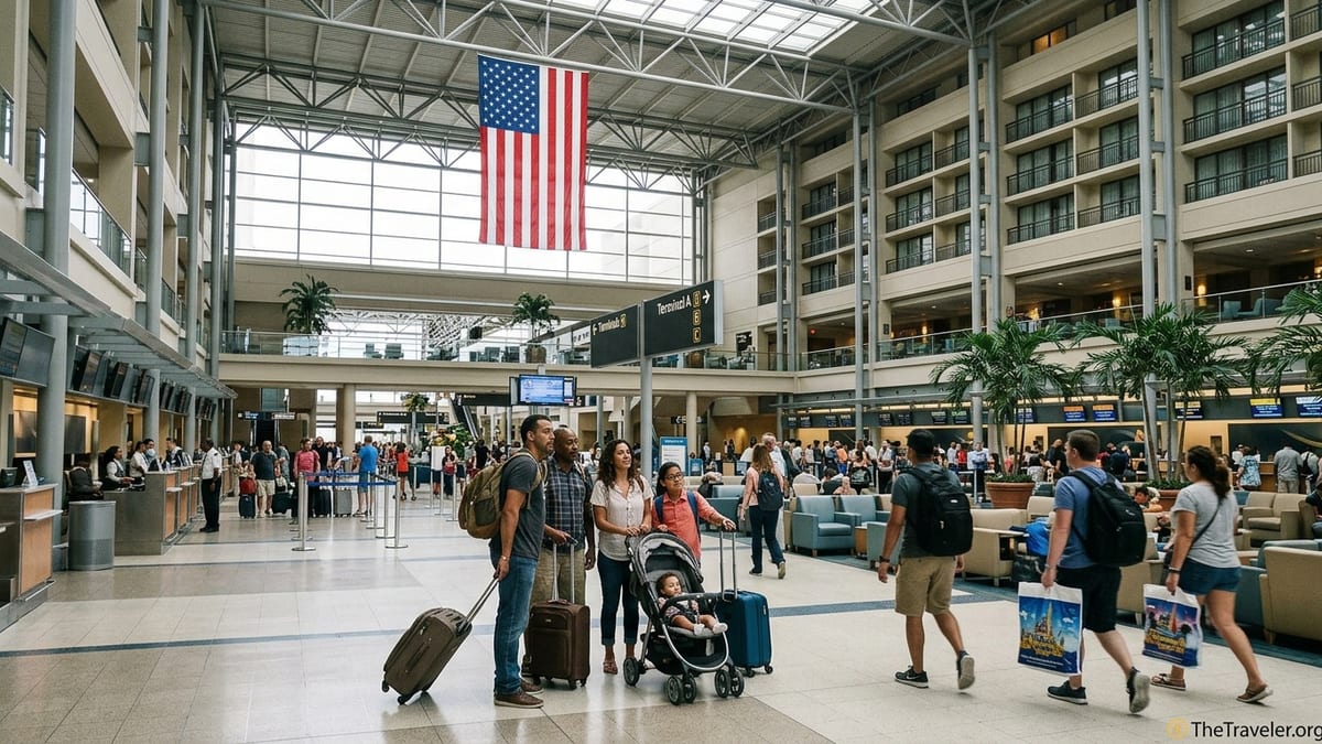 Busy atrium of Orlando International Airport with travelers moving between check in areas and terminals.
