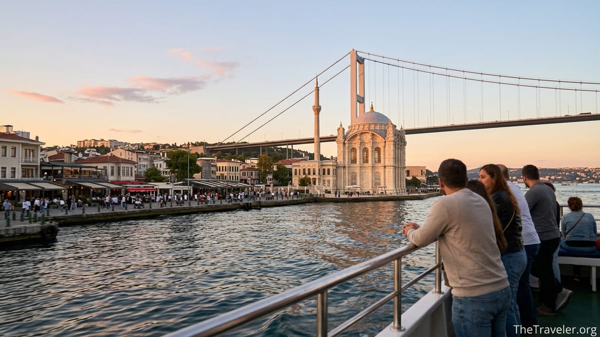 Sunset view of Ortaköy Mosque and Bosphorus Bridge from a boat on the Bosphorus.