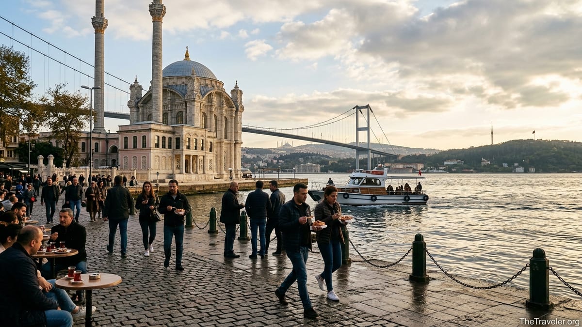 Ortaköy Mosque and Bosphorus Bridge at sunset with people on the waterfront in Istanbul