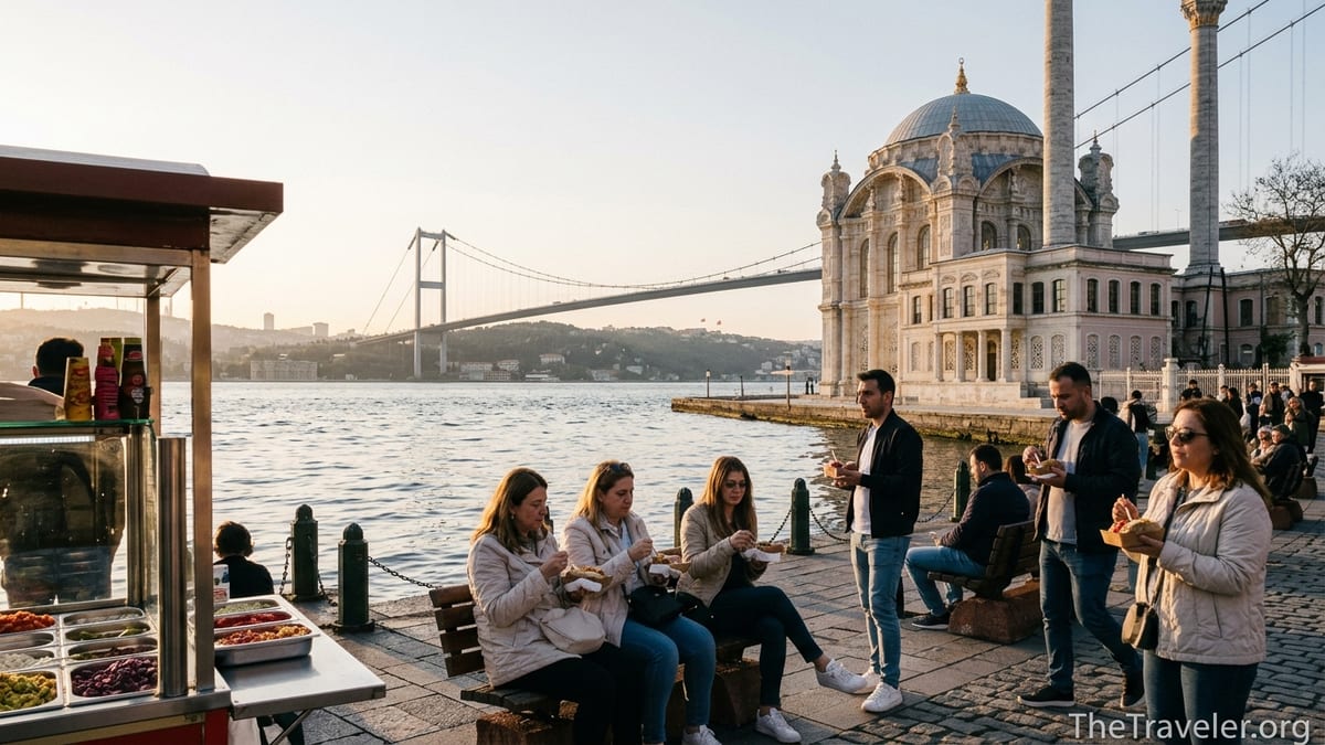 Ortaköy Mosque and Bosphorus Bridge at sunset with people on the waterfront square in Istanbul.