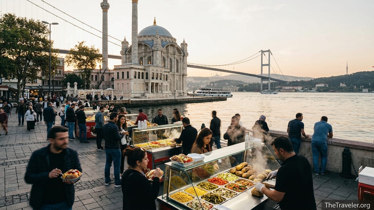 Crowds eating kumpir near Ortaköy Mosque and the Bosphorus in Istanbul at sunset.