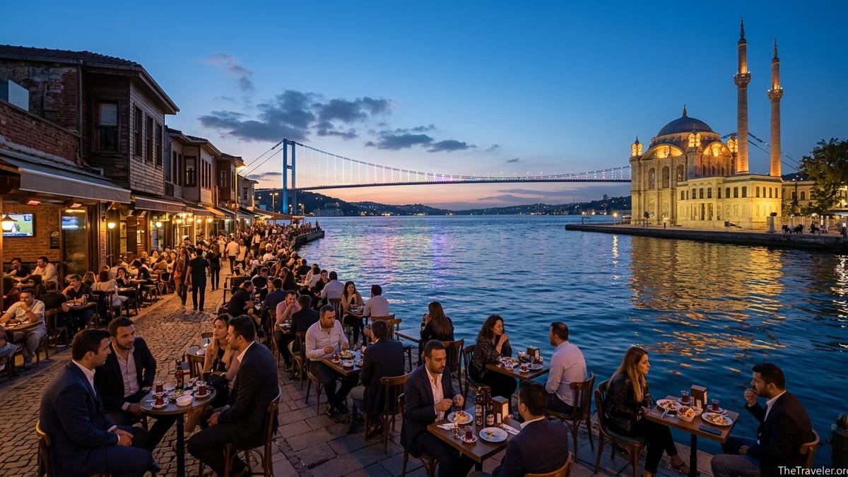 Evening view of Ortaköy waterfront with mosque, bridge lights and busy bars along the Bosphorus.