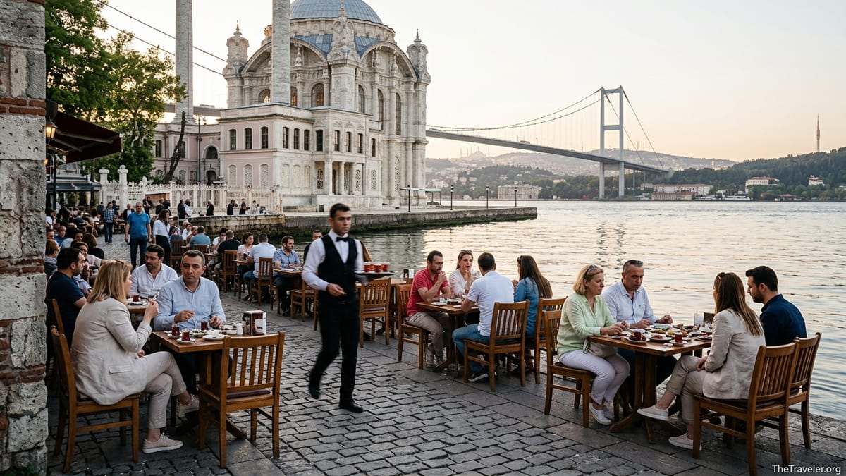 Outdoor cafés on the Ortaköy waterfront with Bosphorus and mosque at sunset.