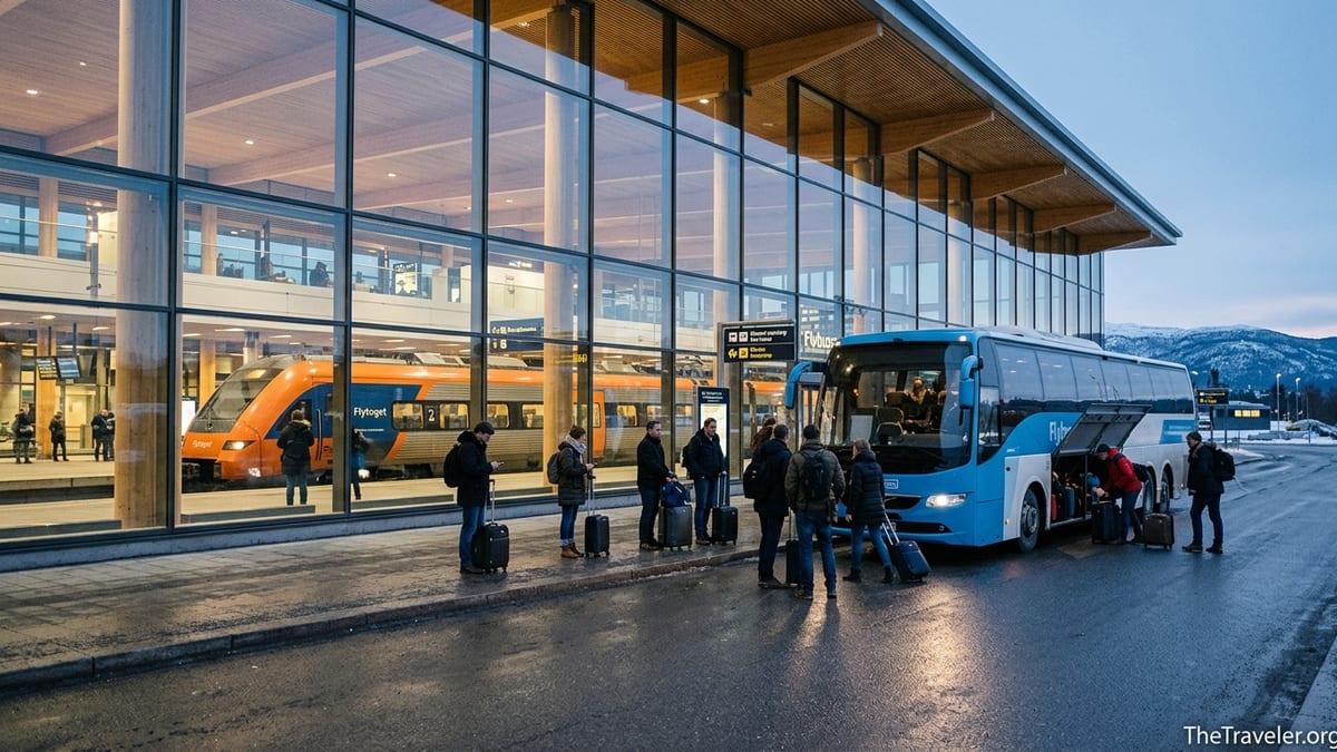 Travelers choosing between Flytoget train and airport bus outside Oslo Airport Gardermoen.