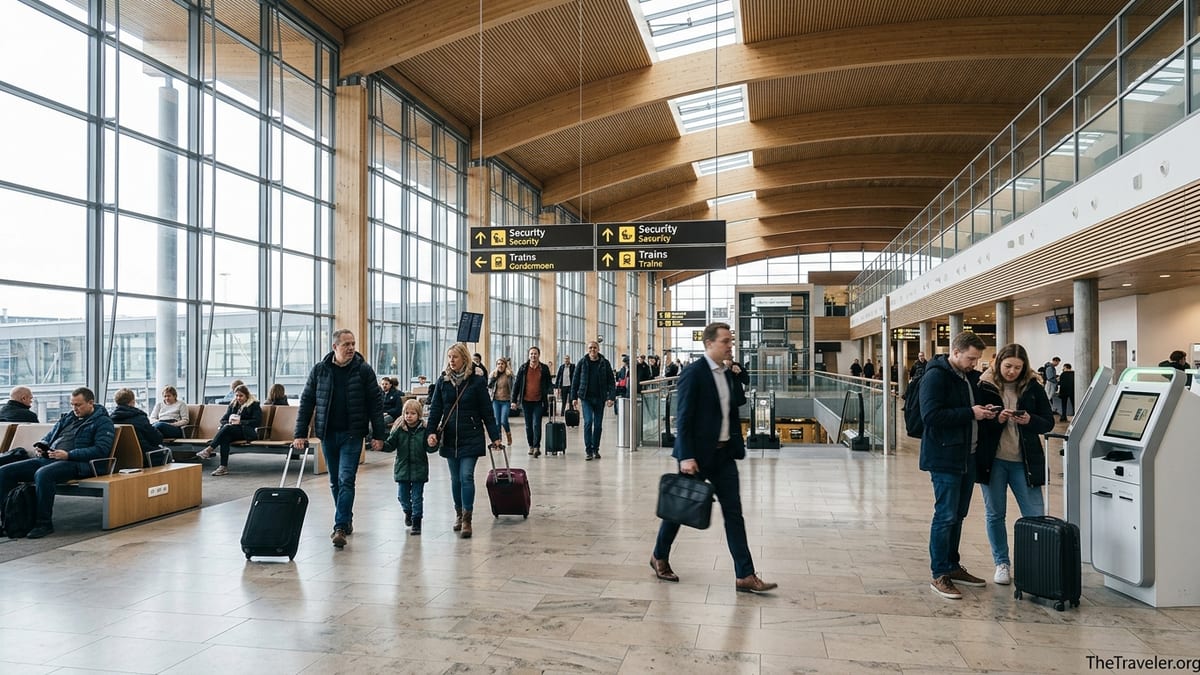 Travelers walking through the bright wooden departures hall at Oslo Airport Gardermoen.