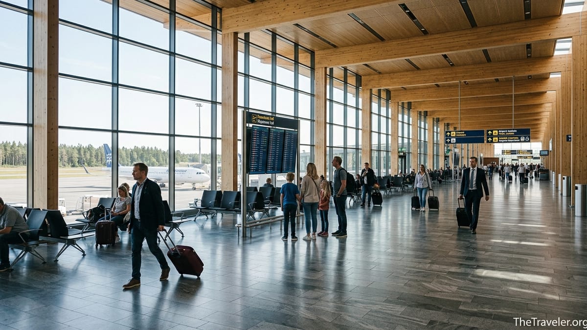 Bright, spacious departures hall at Oslo Airport Gardermoen with travelers walking toward the train station signs.
