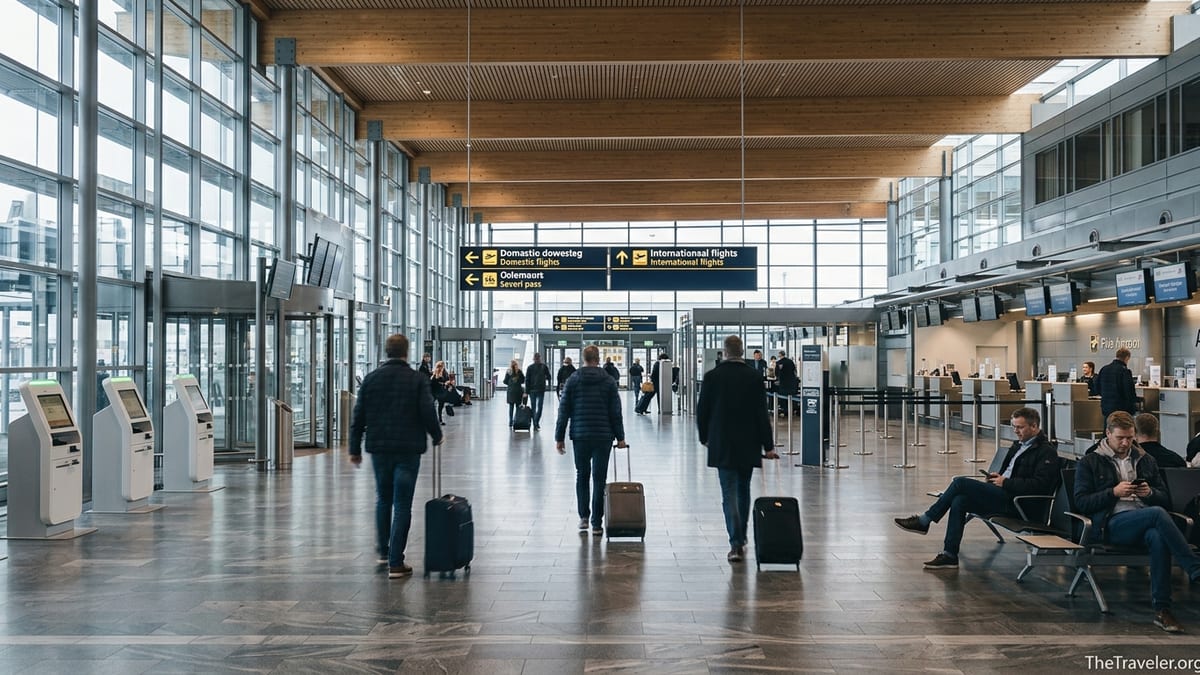 Departures hall at Oslo Airport Gardermoen with travelers and check in counters