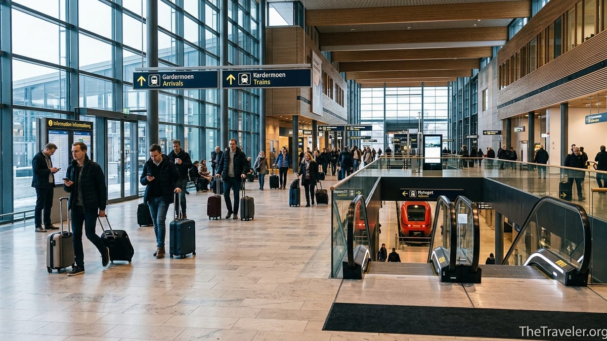 Travelers at Oslo Airport Gardermoen walking toward escalators down to the train station.