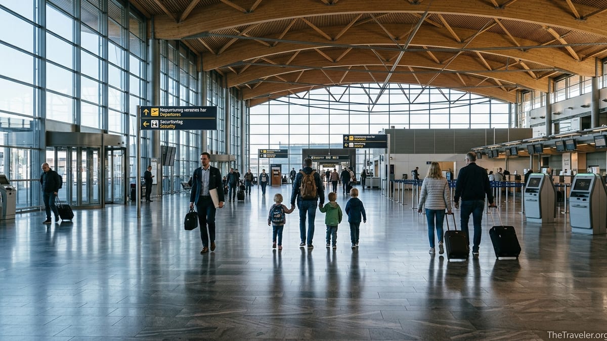 Travelers walking through the bright departures hall at Oslo Airport Gardermoen.