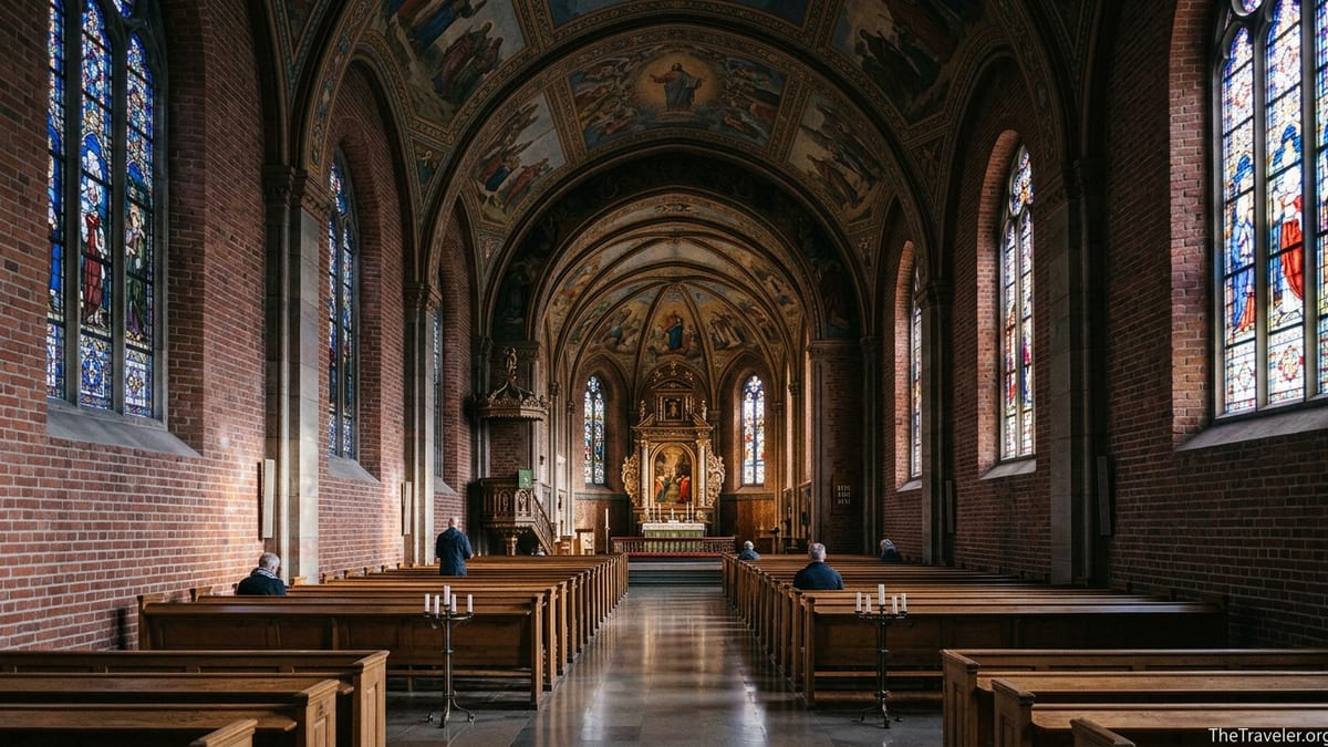 Interior of Oslo Cathedral showing painted ceiling, stained glass and wooden pews in soft daylight