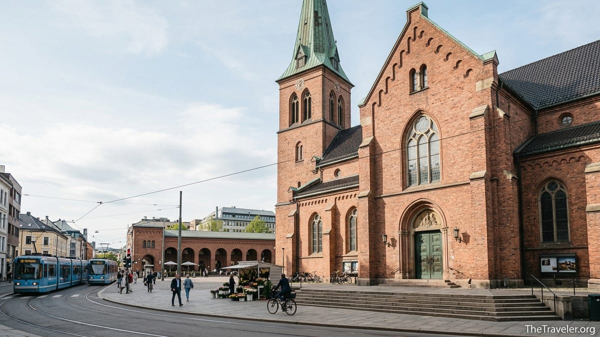 Oslo Cathedral and Stortorvet square with trams and pedestrians on a clear day.