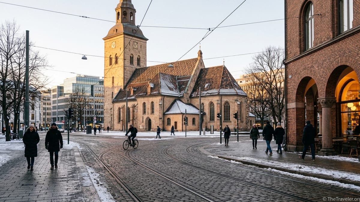 Oslo Cathedral in soft winter light with pedestrians crossing nearby tram-lined square.