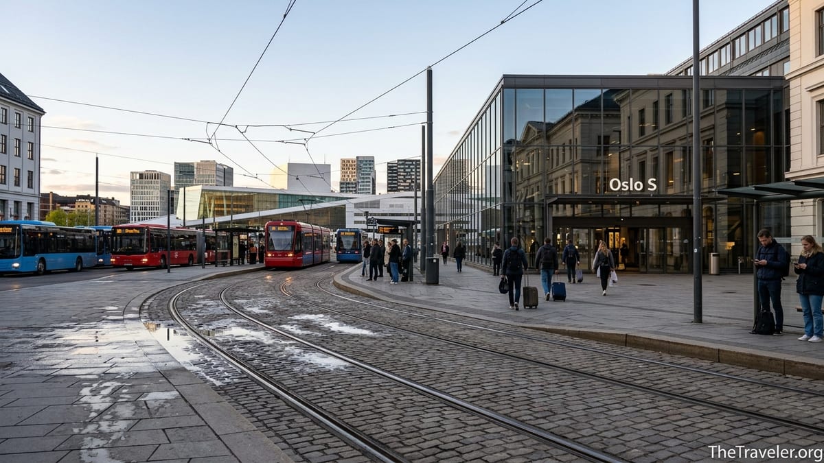 Travelers outside Oslo Central Station with trams and city skyline at dusk.