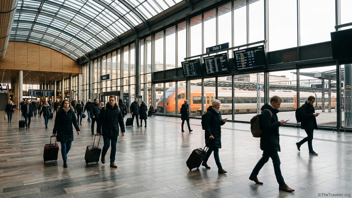 Travelers with luggage walking through Oslo Central Station toward airport trains.