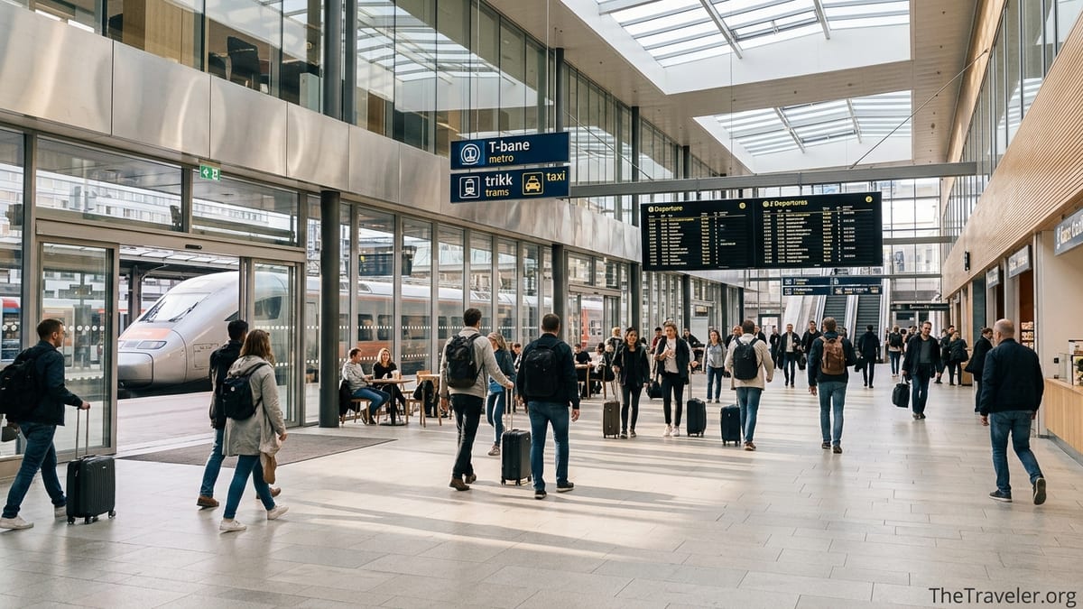 Travelers walking through the main concourse of Oslo Central Station with trains and signs visible.