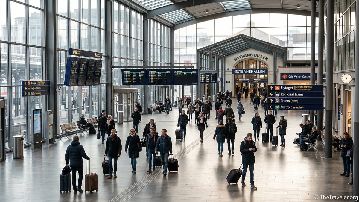 Travelers with suitcases walking through the bright main hall of Oslo Central Station.