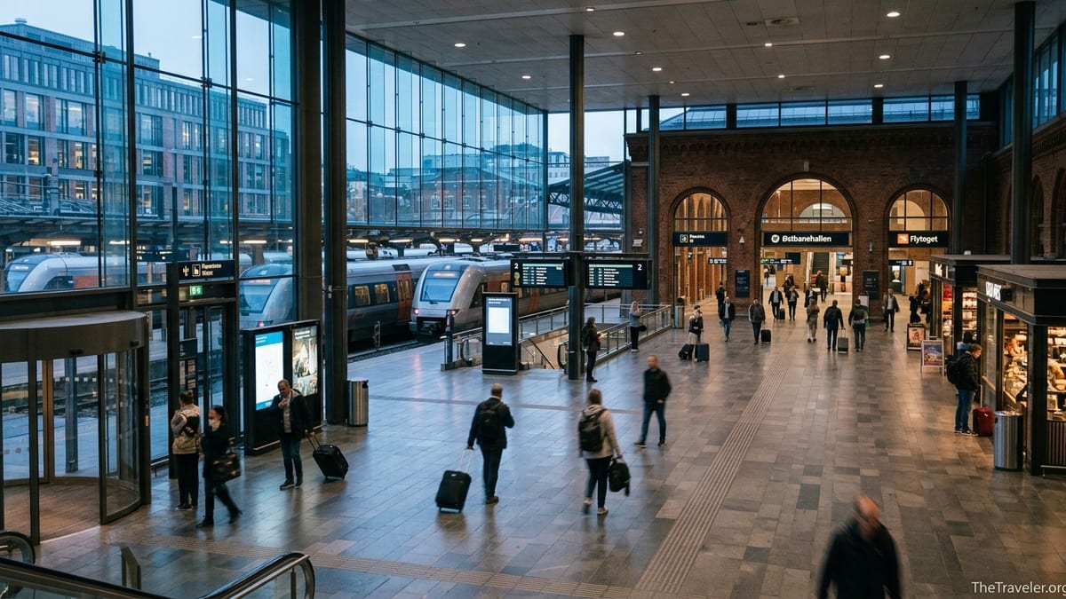 Travelers moving through Oslo Central Station concourse with trains on the platforms at dusk.