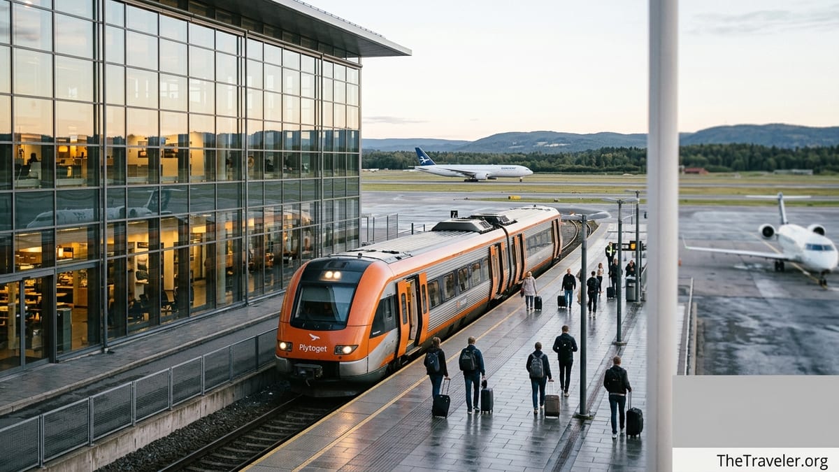 Passengers boarding the airport express train at Oslo Airport Gardermoen platform