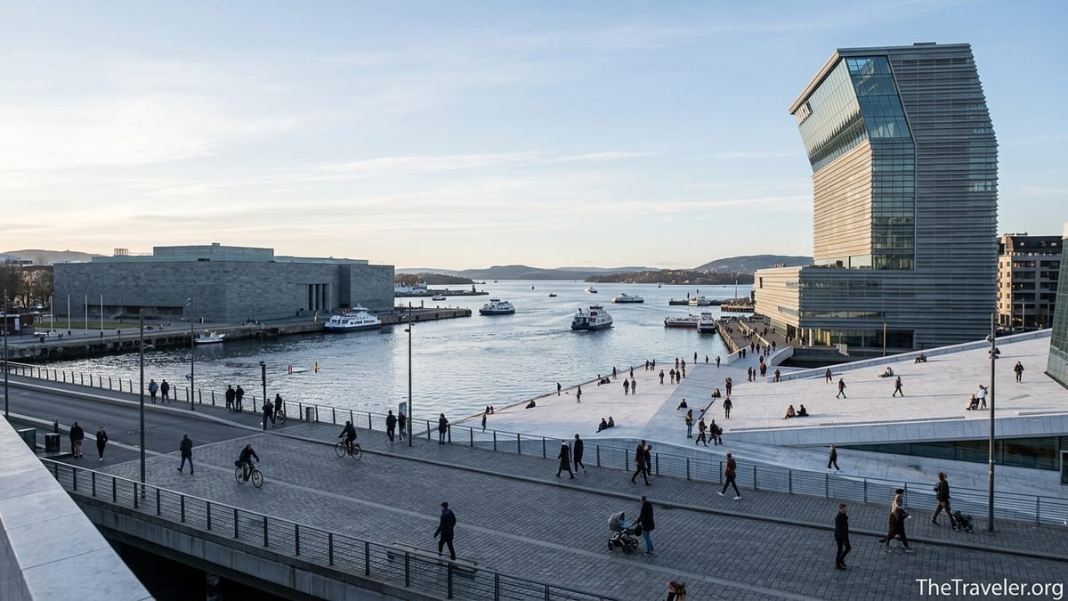 View of Oslo waterfront with MUNCH tower and National Museum in soft afternoon light.