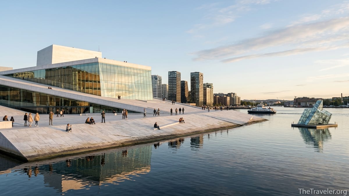 People walking on the marble roof of the Oslo Opera House above the Oslofjord at sunset.