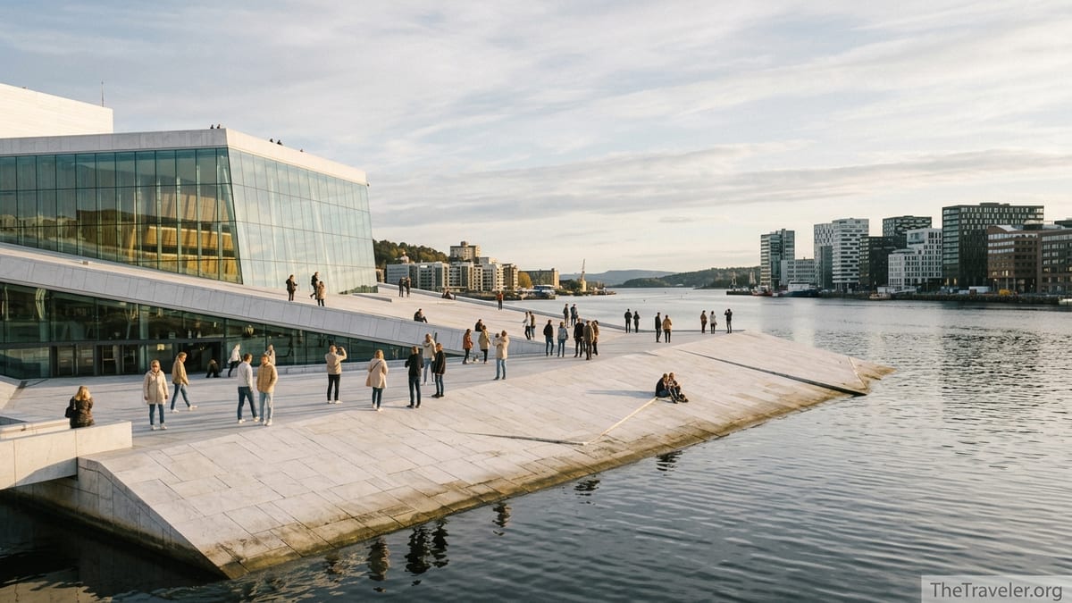Visitors walking on the sloping rooftop of the Oslo Opera House at golden hour