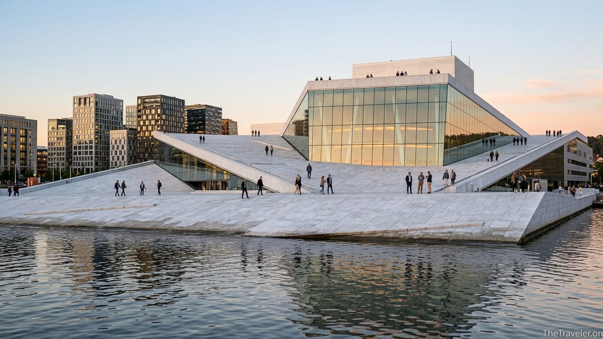 Evening view of Oslo Opera House with visitors walking on the sloping roof by the Oslofjord.