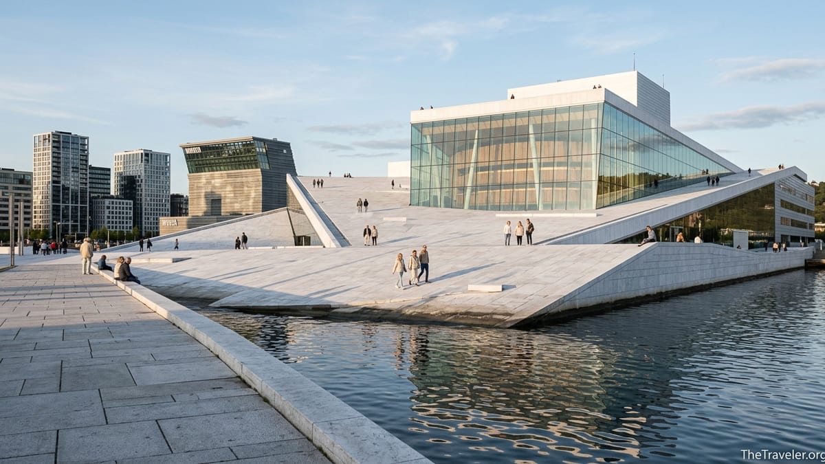 Visitors walking on the sloping white roof of the Oslo Opera House by the Oslofjord at dusk.