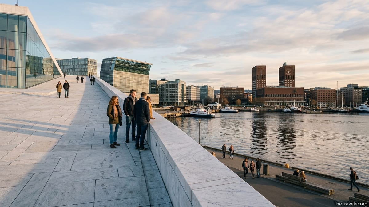 Oslo Opera House roof with people walking and Oslo City Hall in the distant harbor at golden hour.