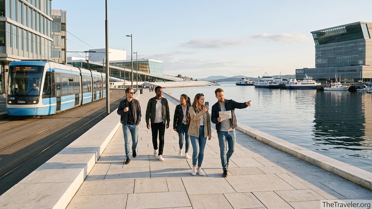 Travelers using the Oslo Pass near the waterfront with trams and museums in central Oslo.