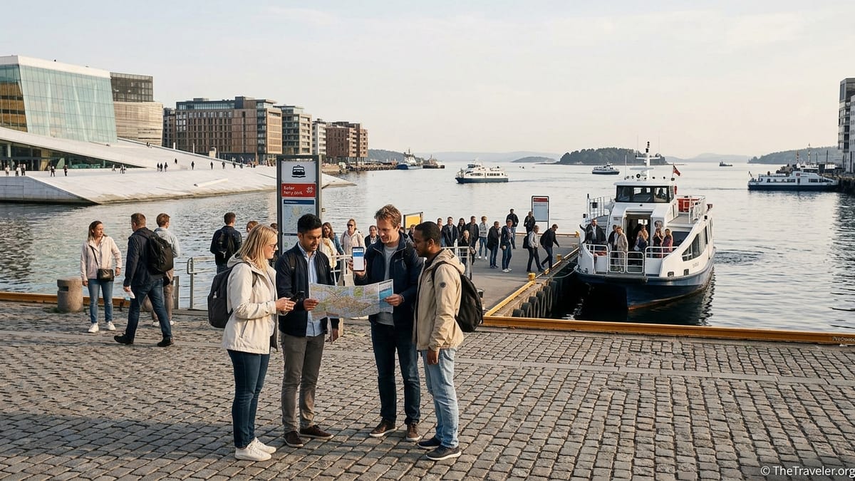 Travelers using an Oslo Pass on the waterfront near a ferry dock in central Oslo.