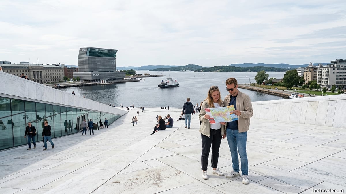 Visitors holding an Oslo Pass map on the roof of the Oslo Opera House overlooking the harbor.