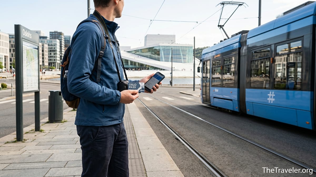 Traveler holding an Oslo Pass on a tram platform with an Oslo tram and cityscape behind.