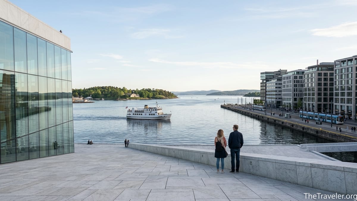 Tourists on Oslo Opera House roof overlooking trams and a ferry on the Oslofjord.